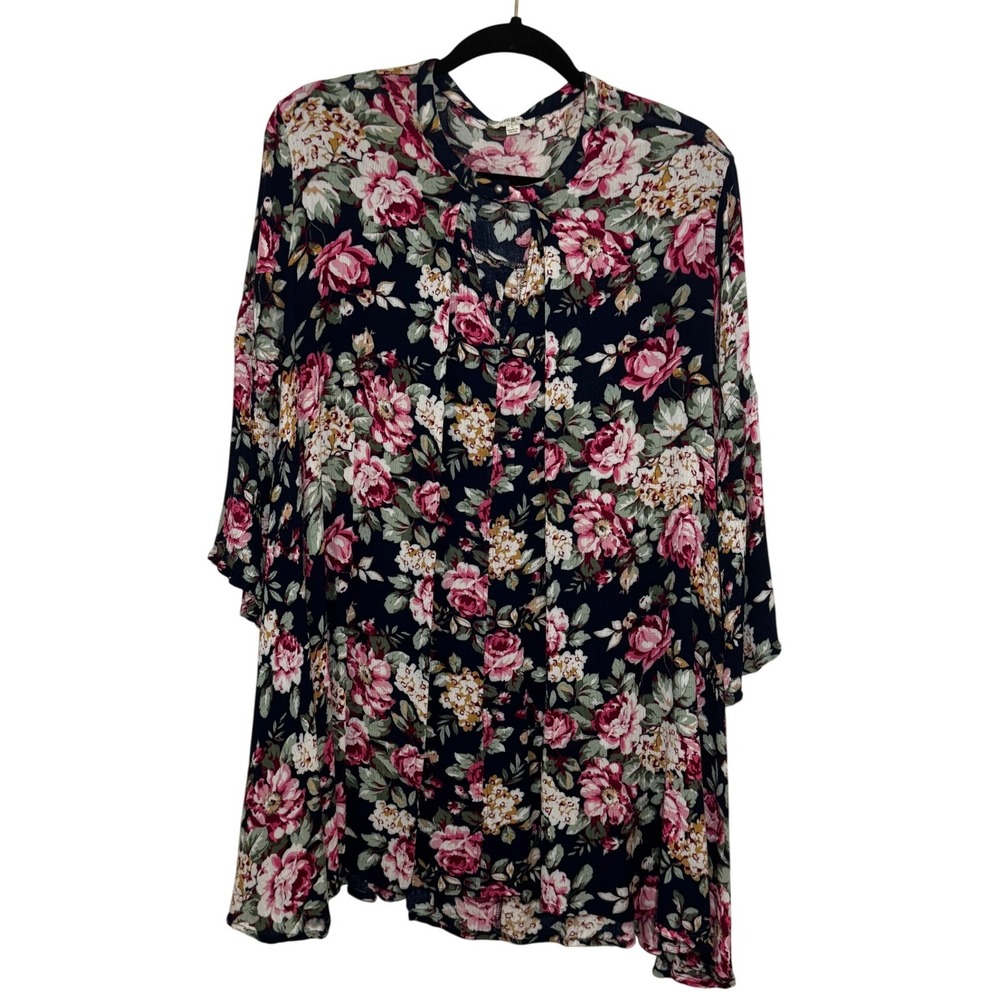 Umgee Women Floral Keyhole Neck Shift Dress Navy Pink Bell Sleeve Large Boho